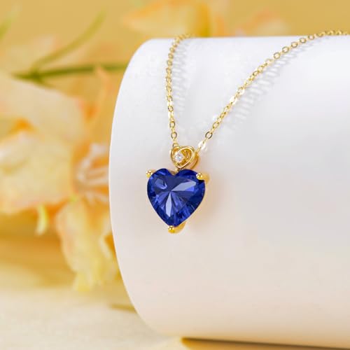 14k Gold Love Heart Gemstone Birthstone Necklaces for Women 3 Carat Heart-cut Created Birthstone Anniversary Birthday Mother's Day Pendant for Her 16+1+1 inch2