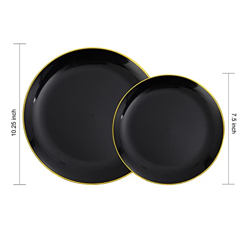 KIRE 60PCS Black Plastic Plates - Black Disposable Plates with Gold Rim for Halloween Party/Graduation - Include 30Pcs 10.25inch for Dinner and 30Pcs 7.5inch for Dessert