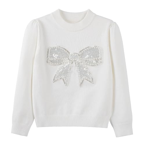 Danny D Young Girl′s Bowknot Sequin Knitted Sweater Crew Neck Long Sleeved Tops for Autumn and Winter
