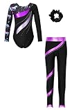 TiaoBug Maillot Gimnasia Ritmica Niña Manga Larga 3 Pcs Maillot De Cuello Redondo + Leggings Con Cintura Elástica +Banda Para El Cabello Disfraz Danza Ballet D Pegaso oscuro 13-14 años