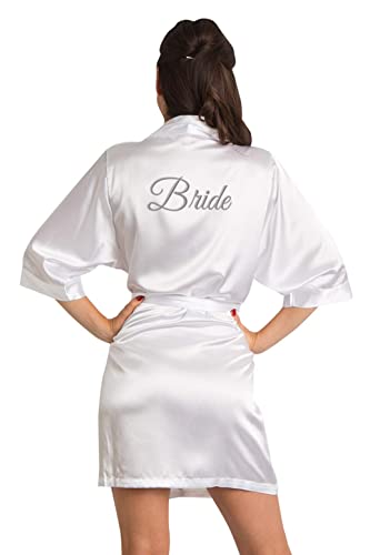 Zynotti Women's Silver Thread Embroidered Bride Getting Ready Bridal Party Wedding Kinomo White Satin Robe, S/M (2-12) #TOP14