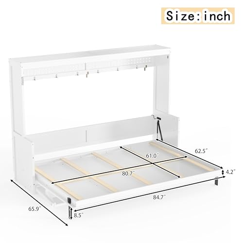 Image of KEIKI Queen Size Horizontal Cabinet Murphy Bed with Desk, Solid Slat, White | Foldable Hideaway Wall Bed Frame with USB Charging Station, No Box Spring Needed, Easy Assembly, for Bedroom, Guest Room