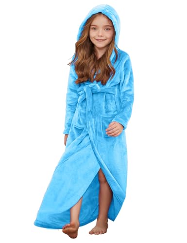 Image of Jxstar Girls Bathrobes Kids Long Hooded Robes Plush Full Length Coral Fleece Pajamas Sleepwear