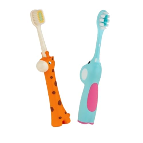 Image of BeeBaby Brush Buddy Baby Toothbrush for Kids 3-6 Years, Ultra Soft Tapered Bristles Toddler Toothbrush for Milk & Permanent Teeth, BPA Free Easy Grip Toothbrush for Sensitive Gums, Pack of 2. Giraffe Orange Elephant Blue