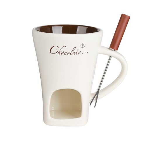 Ceramic Butter Chocolate Fondue Mug - Melting Chocolate Pot with Fork Cheese Warmer Cup Light Candle Fondue Melter Set for Melting Hot Chocolate (White)