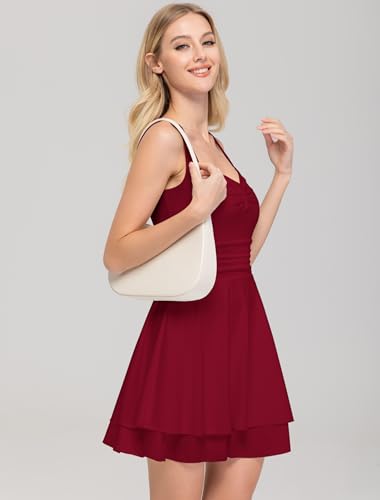 Image of IWD Women's Square Neck Sleeveless Mini Dress Ruched Waist Tiered Ruffle Hem A Line Short Dresses