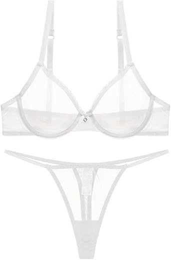 Women See Through Mesh Bra and Thong Set Transparent Sexy UnderwearD303TS+N112XD-White-40C