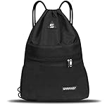Drawstring Gym Sport Bag String Waterproof Pocket Zipper Sack Backpack for Women Men Travel Kit Bag for Hiking School Students PE Bag Outside Swimming Adult Beach Holidays (Black)