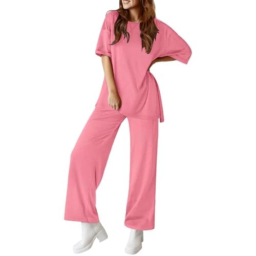 Totatuit Two Piece Sets For Women Summer Travel Vacation Airport Outfits Short Sleeve Oversized Loungewear Sets Pink XX-Large