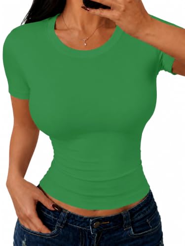 GAYHAY Green Shirts for Women Crop Workout Tshirts Compression Underscrub Short Sleeve Tight Fitted Sexy Trendy Clothes for Teens