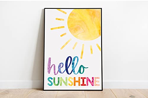 Classydesigns Hello Sunshine Colorful Watercolor Rainbow Playroom Decor Nursery Print Wall Art Digital Image Home School (Print, A4)