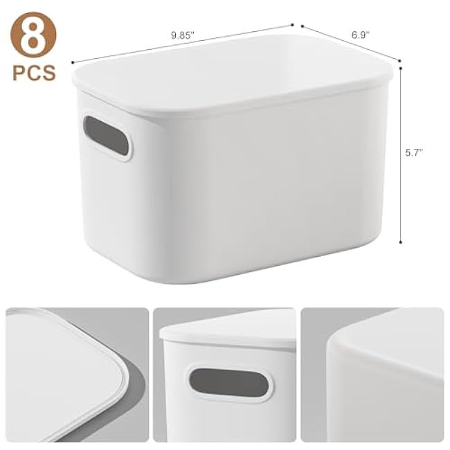 8 Pack White Storage Bins with Lids Stackable Storage Container for Organizing, Storage Boxes with Handle for Shelves, Cute Storage Bin for Craft, Snacks, 9.85x6.9x5.7 inch
