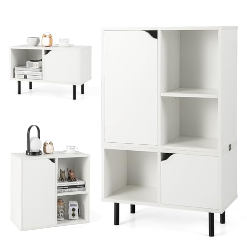 HOMASIS Libreria Scaffale Bianco, Armadio Componibile in Legno, Mobiletto Salvaspazio con 2 Armadietti e 3 Cubi, Libreria Portaoggetti per Soggiorno, Ingresso, Studio, 60 x 30 x 96,5 cm