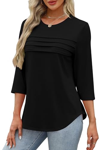 XIEERDUO Women's 3/4 Length Sleeve Tops Dressy Casual Blouses Crewneck T-Shirts Loose Curved Hem Tunic S-3XL4