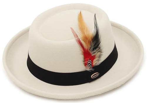 GEMVIE - GEMVIE Pork Pie Hats for Men Womens Roll Brim Felt Fedora Pork Pie Hat with Feather Prokpie Hats for Unisex Beige - -27%