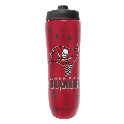 Image of Party Animal NFL Football Squeeze Bottle, 32 oz, Tampa Bay Buccaneers | Slim, lightweight BPA-free sports water bottle with quick-flow squeeze; fits backpacks & cup holders for kids or adults
