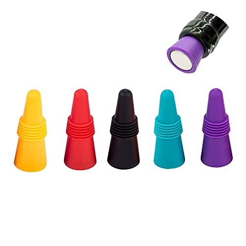 Bouchons à Vin Silicone,5 Pack Colorées Réutilisables Vide Scellant Bouchon avec Filetée pour Alcool de Boisson Champagne. pour garder le vin frais.