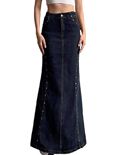 Jupe longue en denim ajustée taille S pour élancer la silhouette et gommer les hanches