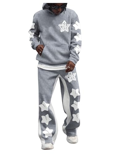 VIPWOLF Men's 2 Piece Sweatsuit Long Sleeve Star Hoodie Pullover and Y2K Stacked Sweatpants Sets...