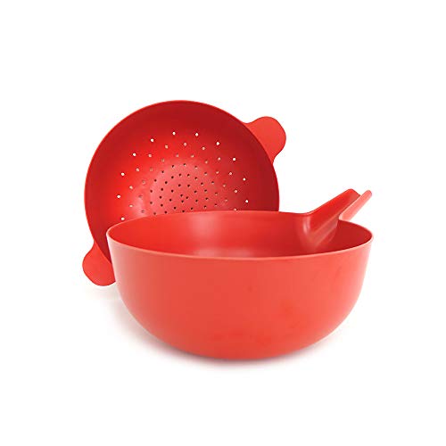EKOBO Bamboo Large Multi-purpose Bowl & Colander Set, BIOBU Eco-material, Tomato (Red)