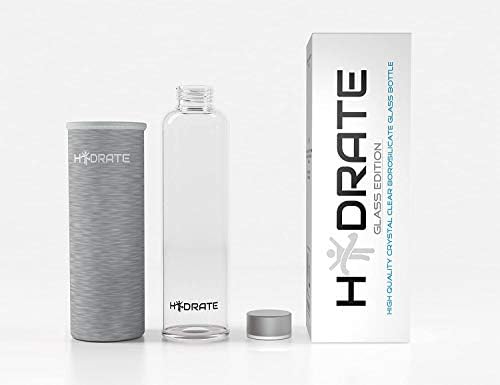 Hydrate Borosilicate Glass Water Bottle, 550ml With Neoprene Carrying Sleeve | Eco Friendly & BPA-Free | Ideal For Cold & Hot Drinks | Grey
