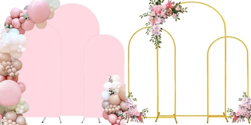 Pink Spandex Fitted Wedding Arch Cover and Gold Metal Arch Backdrop Stand Bundle Set of 3 for Wedding Ceremony Birthday Party Bridal Baby Shower Banquet Decoration (5FT,6FT,7.2FT)