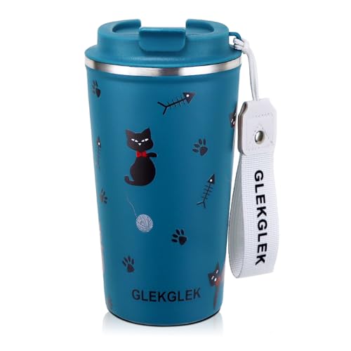 GLEKGLEK Insulated Cat Travel Mug Patterned for Ice Drinking Hot Drinks Coffee Cup 500ml for Boy Girl Gift