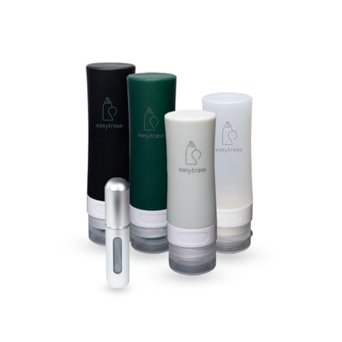 Easytrase Kosmetik-Silikonflaschen-Set 4er-Pack mit Etikett, Kulturbeutel & Parfümzerstäuber | TSA-Zulassung für Handgepäck | Auslaufsichere, Nachfüllbare, BPA freie Reiseflaschen für Pflegeprodukte