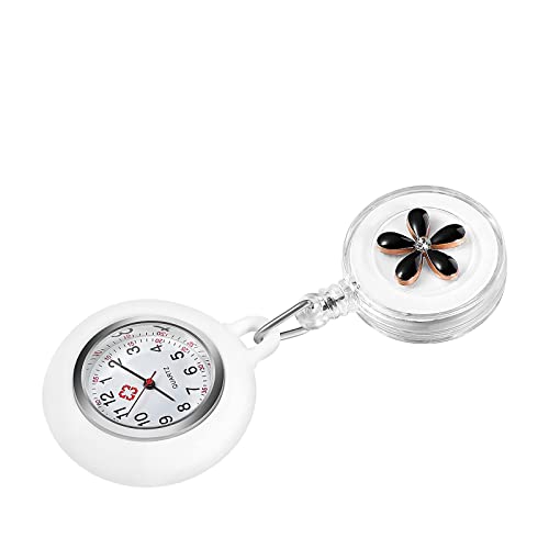 KASTWAVE Retractable Nurse Watches Clip-on Hanging Fob Portable Pocket Watch with Cute Flower Pattern Lapel Watches for Nurses Doctors with Silicone Cover