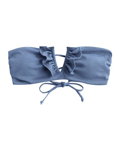 ZAFUL Women's Strapless Bandeau Bikini Top Ribbed V Wired Lace Up Ruffle Tie Swimsuits Bathing Suits Only Top(0-Purple,M)