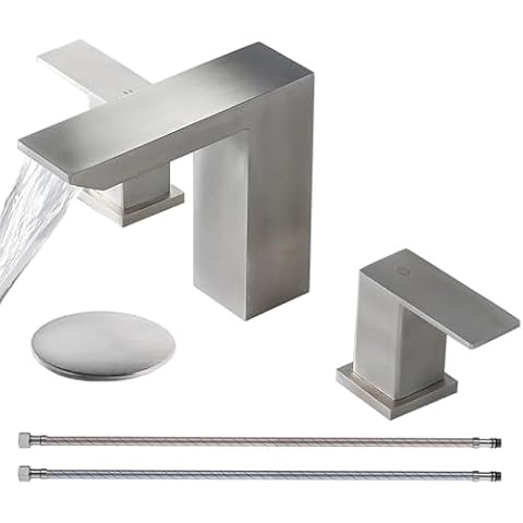 VESLA HOME 3 Hole Bathroom Faucet Brushed Nickel,8 inch Modern Vanity Widespread Faucet for Bathroom Sink,Waterfall Bathroom Sink Faucet with Pop-up Drain and Supply Hoses Cover