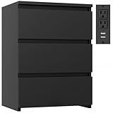 FOTOSOK Black Nightstand, 26' H Night Stand with Charging Station, Black Nightstand with USB Ports & Power Outlets, Silent Slides, Wooden End Side Table Bedside Table with 3 Drawers for Bedroom