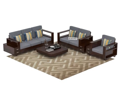 Image of Sheesham Wood 6 Seater Sofa Set with 2 Drawer Storage | 3+2+1 Wooden Sofa Set Furniture for Living Room Home Office (3+2+1,Walnut Finish)