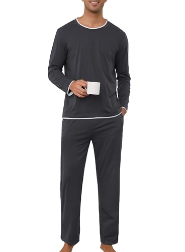 Lovasy Pyjamas herr lång bomull vinter pyjamas tvådelad herrpyjamas rund hals långärmad pyjamas för män loungewear set, GRÅ, L