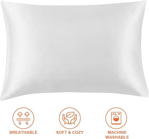 Image of Satin Pillow Covers Set of 2 - Soft & Smooth Pillowcases for Hair & Skin Care | Envelope Closure | Includes 3 Free Random Color Scrunchies | Frizz-Free Sleep Essentials (White)