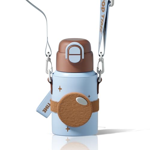 With Shoulder Strap - 22 Oz Kawaii Stainless Steel Tumbler With 3d Fuzzy Charm, Leak-proof Flip Top & Vacuum Flask For School, Travel, Bpa Free, Brown