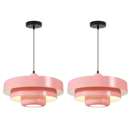 Image of 2-Pack Adjustable Pendant Lights, Scandinavian 3-Layer Pink Metal Pendant Lamp, 59 Inch Adjustable Wire Hanging Light, E26 Base for Kitchen Island Kids Room