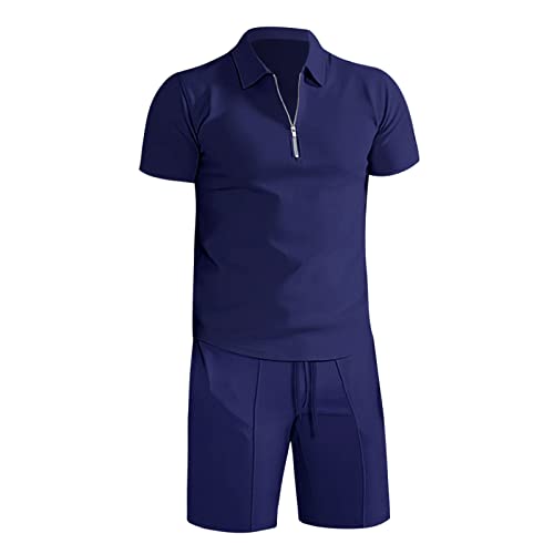 Generisch Ensemble de t-shirts à manches courtes pour homme Couleur unie Mode Décontractée Demi-fermeture éclair Survêtement de sport décontracté Polo à manches courtes pour homme, bleu, M