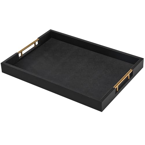 Nitinol Rectangular 18×14 Inch Black Wood Ottoman Serving Tray with Metal Handles Decorative Wooden Large Faux Leather Coffee Table Organizer Tray for All Occasions Black