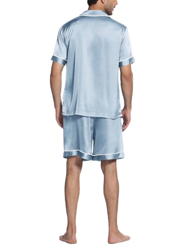 Image of Ekouaer Mens Silk Satin Pajamas Set Short Sleeve Button Down 2 Piece PJs