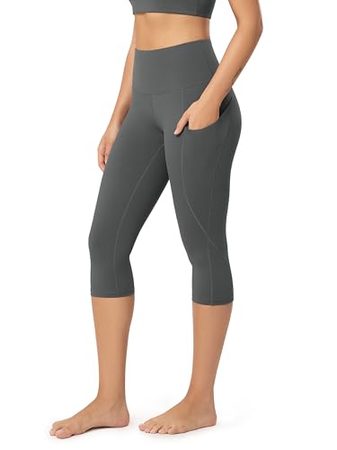 ODODOS Women's High Waisted Yoga Capris with Pockets, 17" Inseam Tummy Control Workout Sports Running Capri Leggings, Charcoal, XX, Large