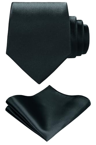 Image of TIE G Solid Satin Woven dyed Color Formal Black Necktie and Pocket Square Sets in Gift Box