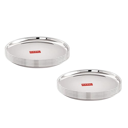Image of HAZEL Stainless Steel Dinner Plate with Glossy Finish | 21 cm Thali Plates for Kitchen | Serveware Snacks Plate for Kids | Breakfast Plate, Set of 12