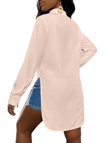 Image of LYANER Women's Collar Neck Long Sleeve Button Down Shirts Sexy Split Hem Tops Long Blouse Shirt Dress