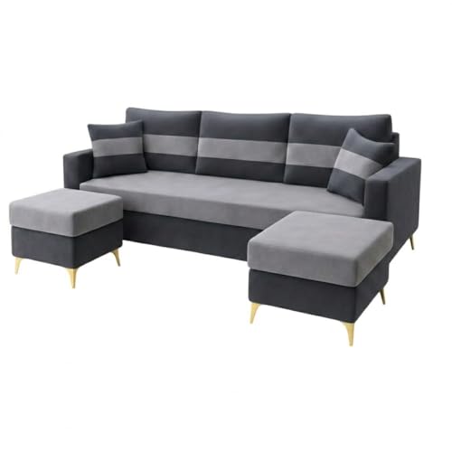 Image of SOCOZI Bastian 5 Seater L Shape Sofa Set with 2 Movable Ottomans | Flexible Layout| Soft Velvet Suede Fabric|Modern Sofa with Golden Legs|Comfort Cushions for Living Room (Light Grey-Dark Grey)