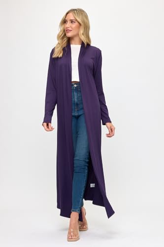 Image of Isaac Liev Women's Maxi Cardigan - Casual Long Flowy Open Front Floor Length Drape Lightweight Duster Sweater 136 Eggplant M