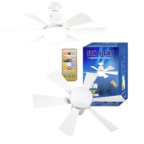 Light Bulb Fan, 40W Ceiling Fans with Lights and Remote, 3 Speeds Adjustable E27 Socket Fan Light, 3 Colors Dimmable LED Ceiling Fan Light, for Bedroom, Kitchen & Home Decor (Square)