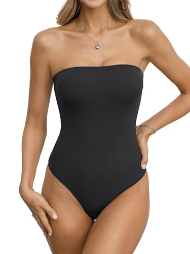 EasyGala Womens Double Lined Strapless Bodysuits Tube Tops Sexy Non-Padded Bandeau Tops Summer Going Out Thong Bodysuits Backless Tank Top Y2K Fashion Clothes