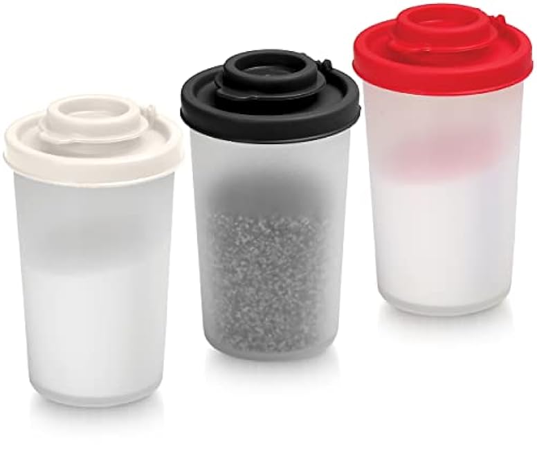 SIGNORAWARE Salt and Pepper Shakers Moisture Proof Salt Shaker to go Camping Picnic Outdoors Kitchen Lunch Boxes Travel Spice Set Clear with colored lids Plastic Airtight Dispenser (Large,3 pack)