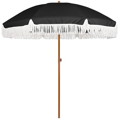 AMMSUN 7ft Boho Patio Umbrella with Fringe, Noble Black
